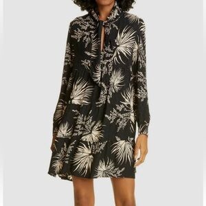 BA&SH Eugenie Black Floral Babydoll Mini Dress XS Split Neck Tie Parisian Boho